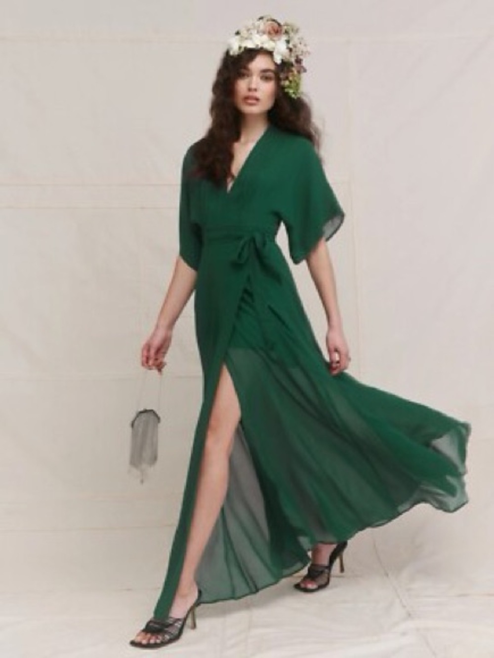 Reformation Winslow Emerald Green Wrap Maxi Dress with Side Slit